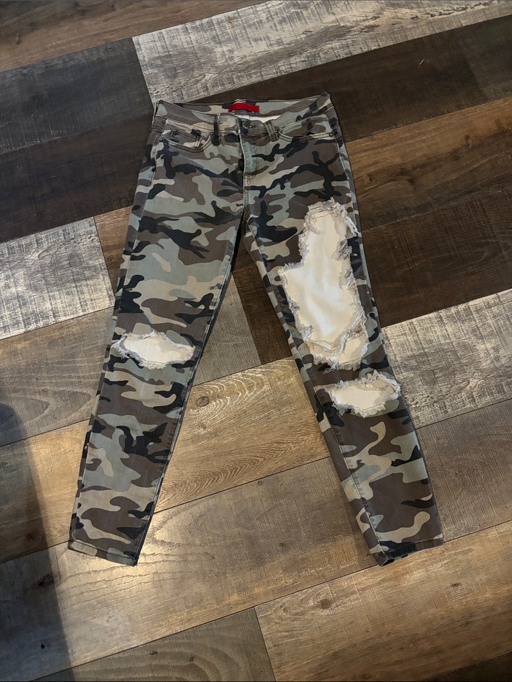 Distressed Camo Skinny Jeans in Olive and Tan